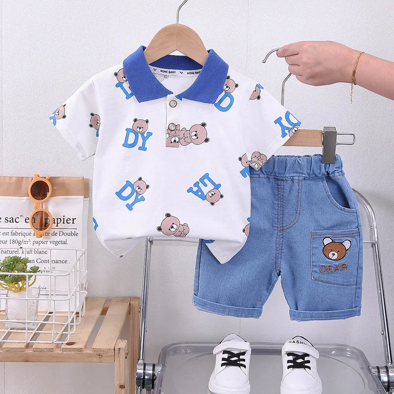 TinyTales Dear Bear Set – 2-delat Sommarset med Pikétröja & Jeansshorts
