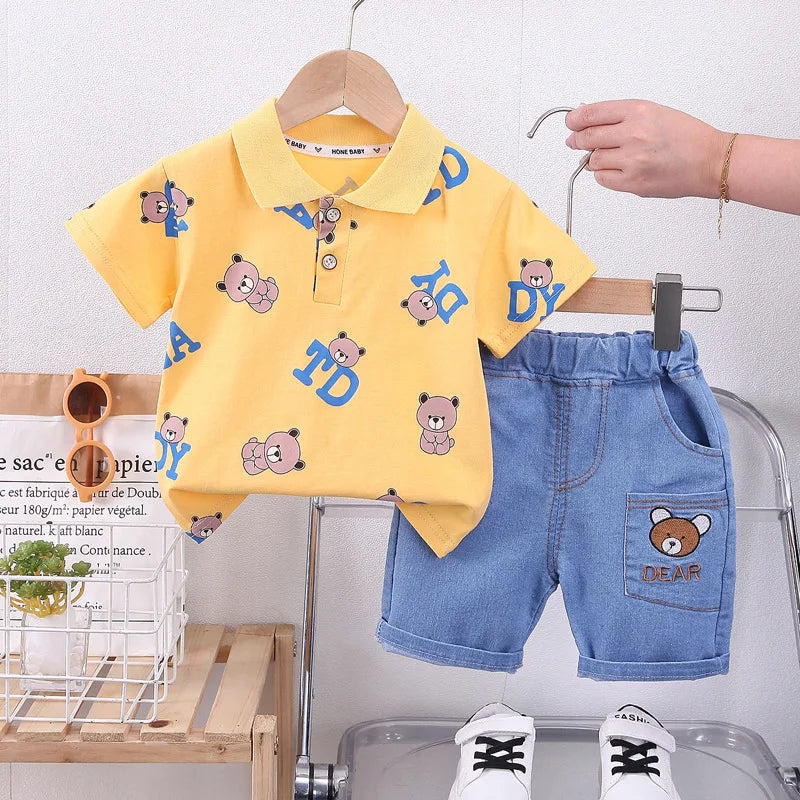TinyTales Dear Bear Set – 2-delat Sommarset med Pikétröja & Jeansshorts