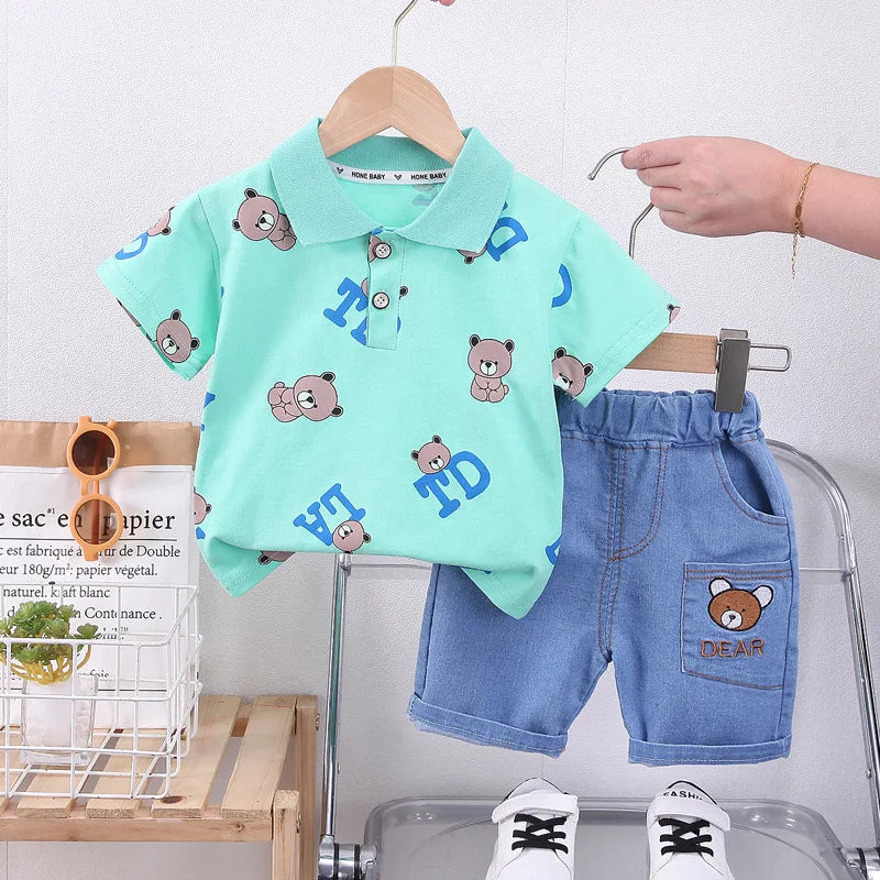 TinyTales Dear Bear Set – 2-delat Sommarset med Pikétröja & Jeansshorts